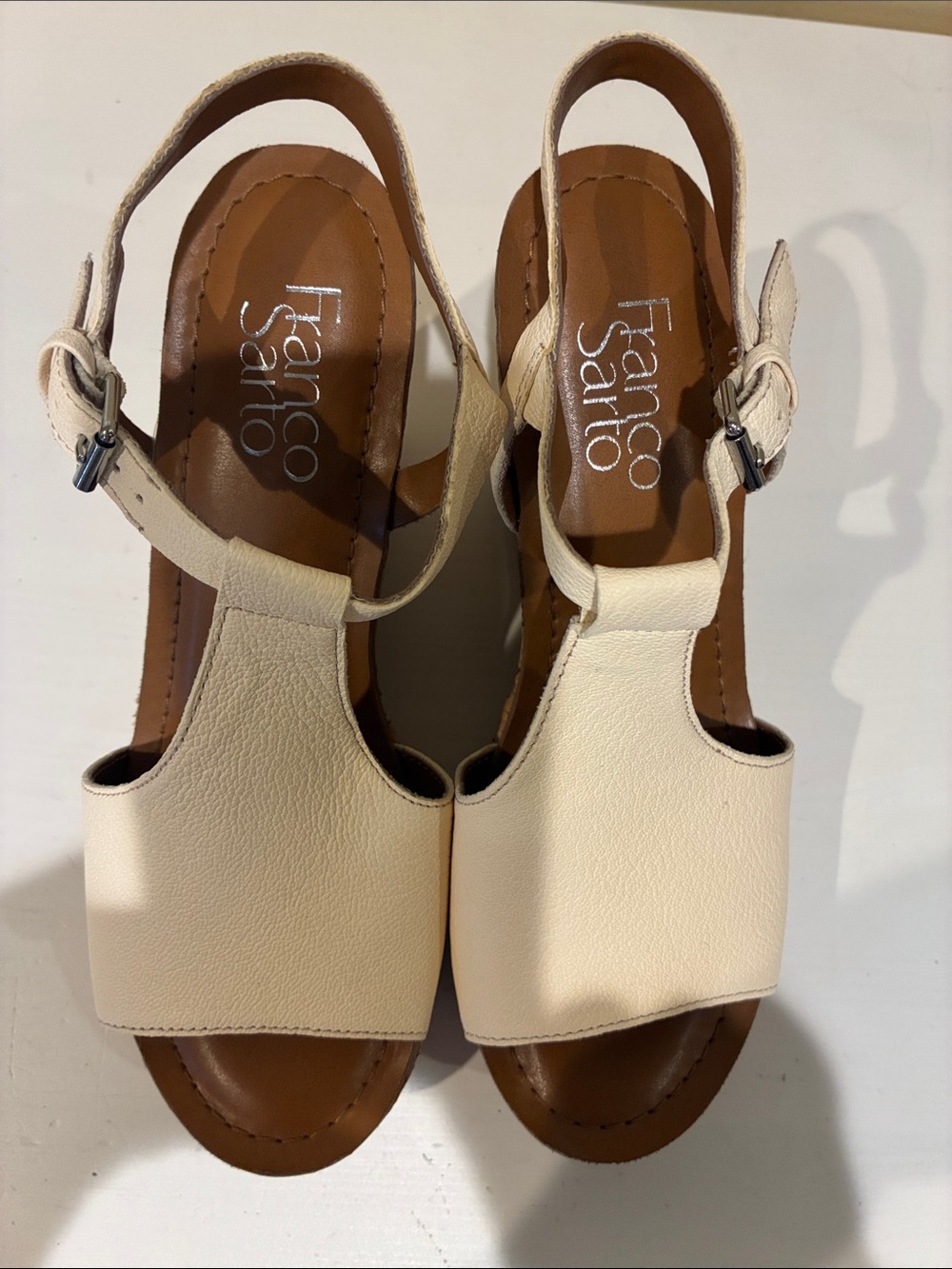 Franco Sarto Women's Cream Leather Cork Wedge Sandals